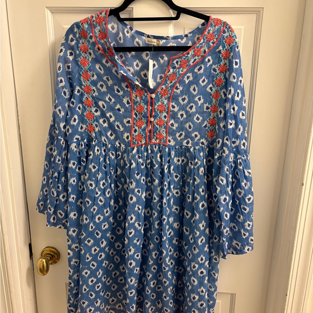 Dolma Blue and Red Patterned Tunic Top or Mini Dress, NWT